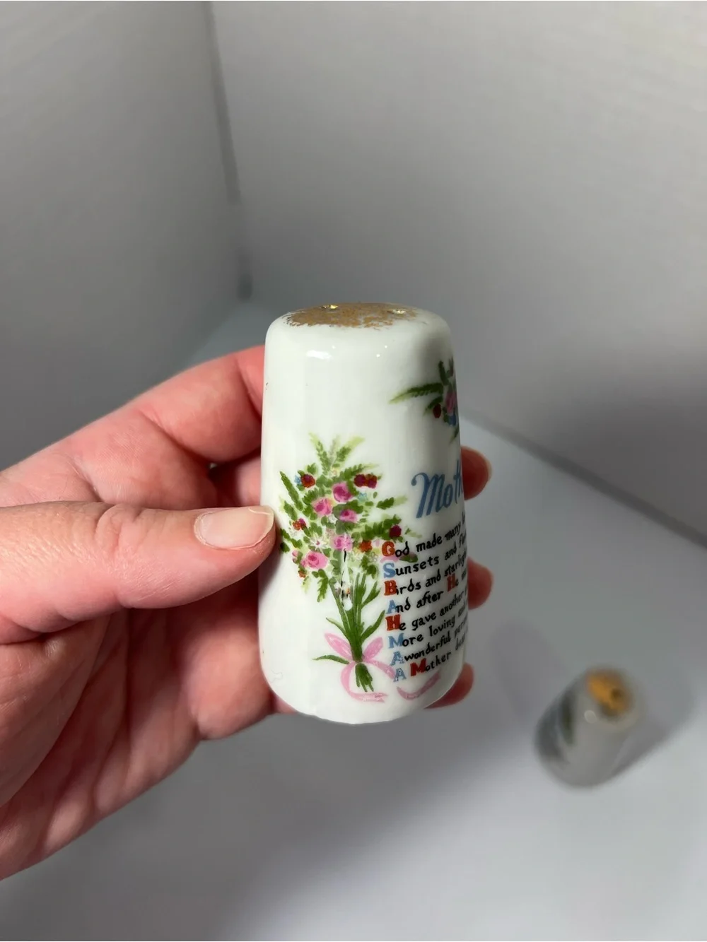 Vintage Porcelain Mother Poem/Tribute Salt & Pepper Shaker